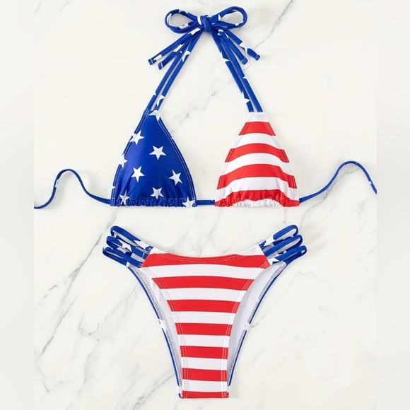 American Flag Stars Stripes Triangle Halter Strappy Bottoms Bikini Set - Picture 1 of 6